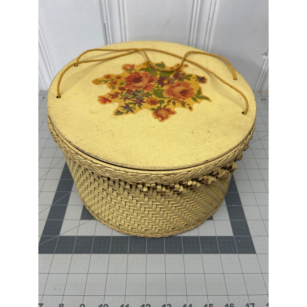 Vintage Princess Sewing Basket Yellow Wicker Round Lid Handle Floral 1940s